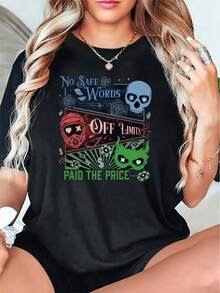 Ropa de primavera-verano para mujer a la moda, una camiseta negra de corte holgado que continúa el lenguaje de diseño subcultural de "peligro y romance" en coexistencia, utilizando ilustraciones de colores contrastantes en capas y un texto ingenioso para crear un estilo rebelde pero dulce y genial, muy adecuada para quienes gustan de vestirse con individualidad.playeras de hombre playeras oversize de mujer y2k camisa de mujer camisa blusa casual mujer blusa elegante mujer ofertas - Negro - Ver 1