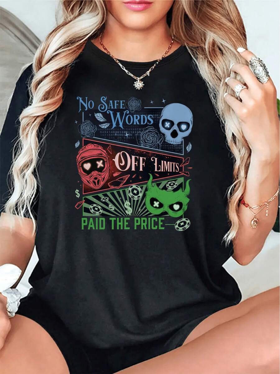 Ropa de primavera-verano para mujer a la moda, una camiseta negra de corte holgado que continúa el lenguaje de diseño subcultural de "peligro y romance" en coexistencia, utilizando ilustraciones de colores contrastantes en capas y un texto ingenioso para crear un estilo rebelde pero dulce y genial, muy adecuada para quienes gustan de vestirse con individualidad.playeras de hombre playeras oversize de mujer y2k camisa de mujer camisa blusa casual mujer blusa elegante mujer ofertas - Negro - Ver 1