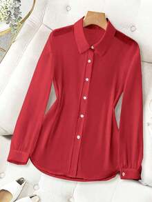 Blusa minimalista de unicolor transparente con cuello vuelto, blusas de manga larga - Rojo - Ver 5