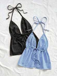 2 piezas Camiseta sin espalda con escote en V y tirantes con estampado de leopardo sexy, adecuada para vacaciones, citas, té de la tarde, vacaciones, festivales de música, estilo bohemio - Multicolor 20 - Ver 3