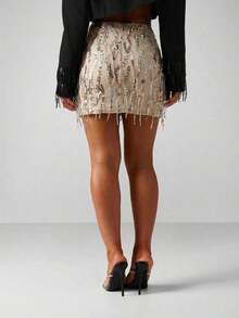 Minifalda con lentejuelas y flecos, pieza de declaración glamorosa para fiestas y eventos - Champán - Ver 2
