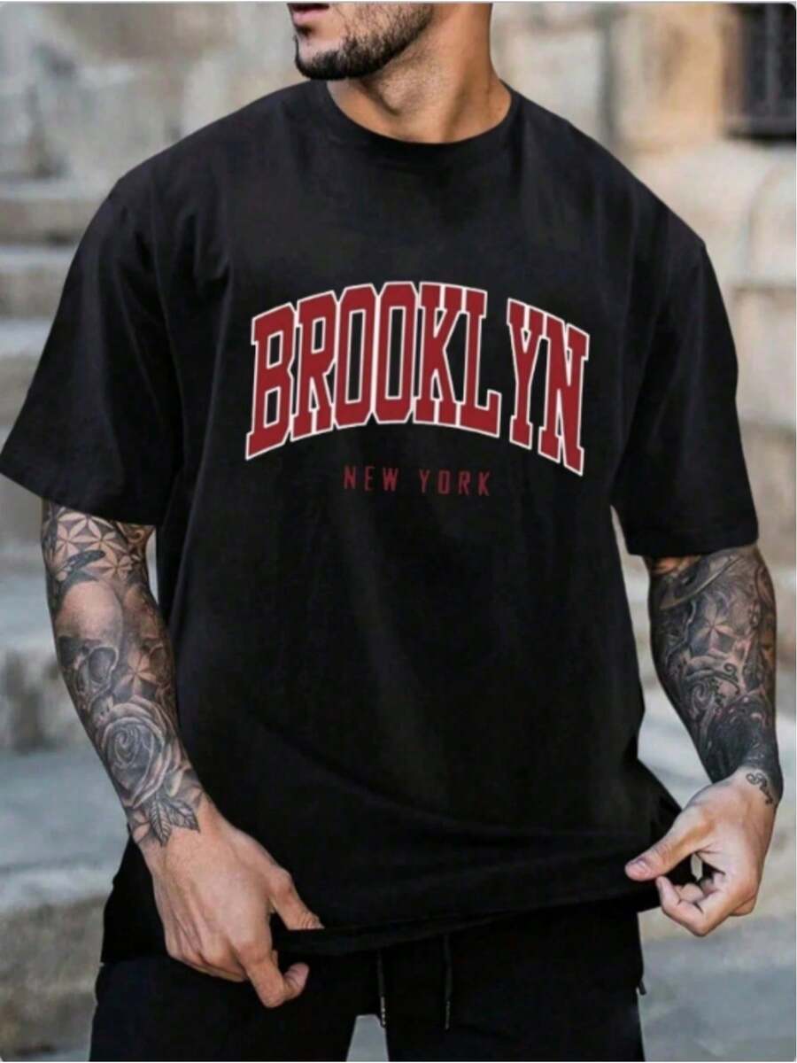 Men's T-Shirt With Letter Print - Black - View 1