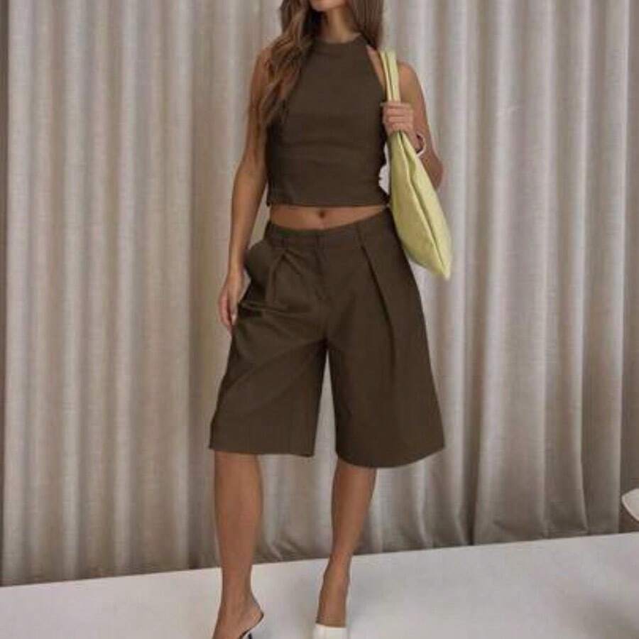 Pleated Straight Fit Tailored Longline Shorts Only Classy Sexy Streetwear Night Out Party Spring Elegant Summer Casual Holiday - Marrón - Ver 1