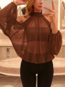 Lightweight Sheer Mesh Long Sleeve Loose Bat Wing Top, Suitable For Summer Parties - Brown - View 2