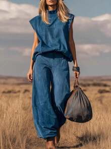 Conjunto de gamuza estilo oeste 2026, sin mangas, pantalones anchos con bajo ajustado - Azul oscuro - Ver 7