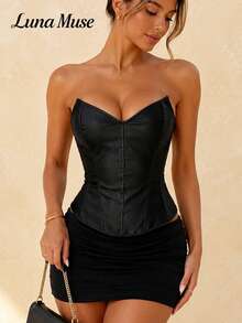 Luna Muse Top Vintage Printemps/Été pour Femmes, Taille Cintrée Amincissante, Bustier Corset à Encolure en V en Forme de Cœur avec Baleines, Charme Élégant, Style Rétro de Cour, Convient pour les Trajets, la Maison, les Vacances, les Rendez-vous, les Représentations sur Scène et les Concerts, le Festival de Musique Country, l'Enterrement de Vieille Fille, le Mariage, le Tea Party - Noir - Voir 1