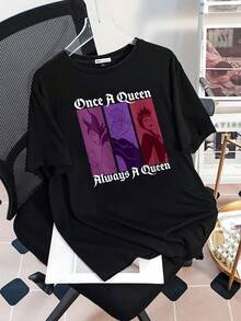 Illustration Showing Three Powerful Queens Symbolizing Strength, Independence, And Elegance With Inspirational Phrases About Female Confidence; Comfortable And Modern Women's T-Shirt - 黑色 - 查看 3