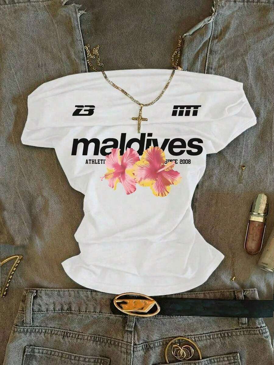 Camiseta de manga corta ajustada con hombros descubiertos y pliegues en la cintura, con estampado de limón, adecuada para el verano - Blanco 5 - Ver 1