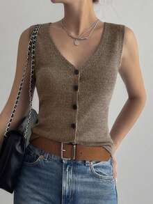 Chaqueta de mujer sin mangas con cuello en V, ajustada, de estilo casual de calle - Caqui - Ver 4