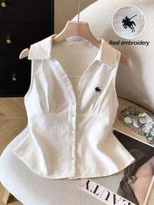 Camisa blanca sin mangas con cuello polo bordado para mujer, de primavera/verano, de estilo casual - Blanco - Ver 1