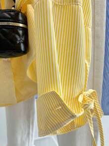 Camisa casual de manga larga con cuello vuelto, a rayas, holgada, con cordón y protección solar para mujeres - Amarillo - Ver 6