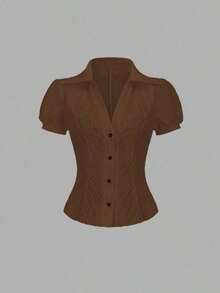 Blusa elegante de mujer con cuello en V y abotonadura sencilla, de manga corta y con rayas blancas, para primavera/verano - Marrón - Ver 1
