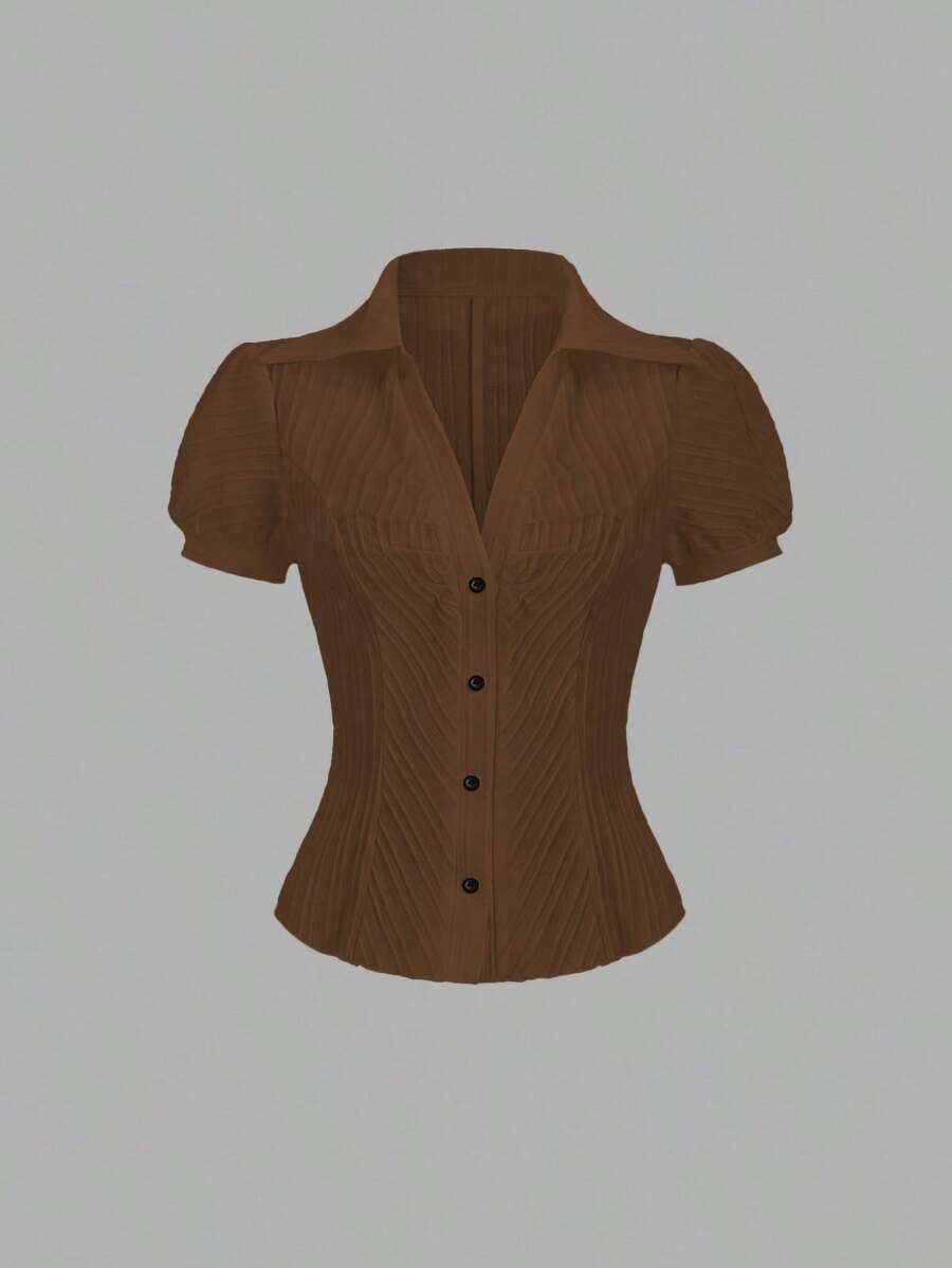 Blusa elegante de mujer con cuello en V y abotonadura sencilla, de manga corta y con rayas blancas, para primavera/verano - Marrón - Ver 1