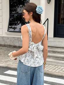 Camisa casual sin espalda y sin mangas con estampado floral para mujer en verano - Azul y blanco - Ver 9