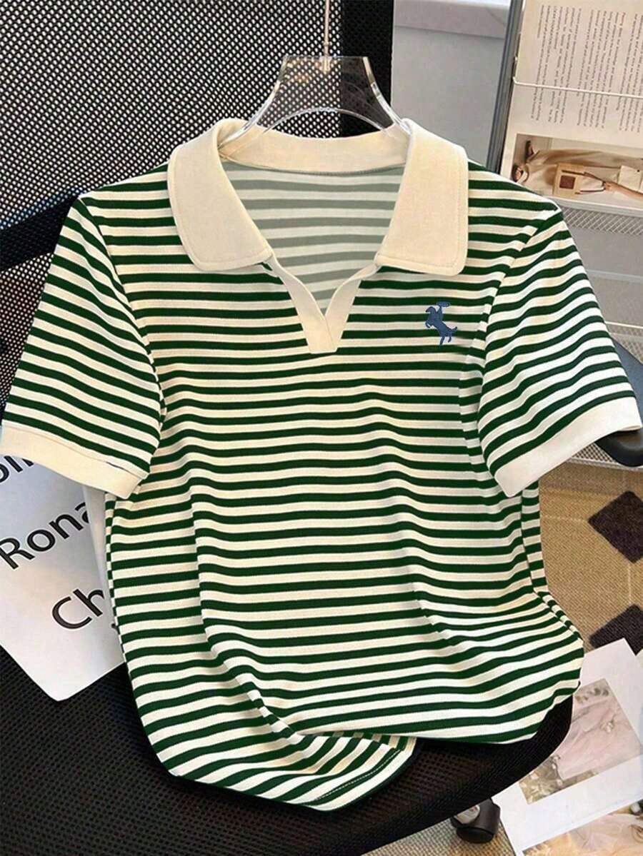 Camiseta de manga corta con cuello de polo a rayas casual de verano para mujer - Multicolor 2 - Ver 1