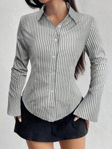 Camisa de manga larga casual a rayas que ciñe la cintura, apta para primavera/verano/otoño, tops de manga larga - Multicolor - Ver 7