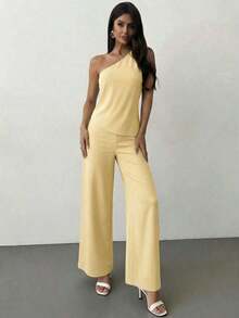 Nueva llegada Primavera/Verano Elegante Top casual de lino color albaricoque con cintura fruncida, bajo asimétrico y espalda descubierta - Amarillo claro - Ver 5