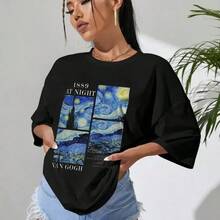 Camiseta holgada con estampado del cielo estrellado de Van Gogh, estilo americano divertido, diseño retro de pintura al óleo europea y americana, top de manga corta a la moda. - Blanco - Ver 5