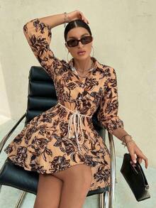 GENKIRA Vestido camisero con estampado todo sobre y cinturón, atuendos de trabajo y vacaciones para mujer - Multicolor 2 - Ver 7