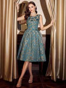 DECDS Vestido de mujer elegante y vintage con estampado floral de jacquard para fiestas, festivales y eventos elegantes.Vestidos largos elegantes para fiestas para mujeres en otoño, invierno, Navidad, Halloween y Año Nuevo. - Azul - Ver 2