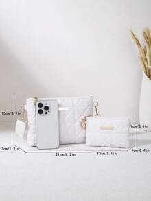 Minimalist Rhombus Pattern Crossbody Bag, Lightweight Versatile Shoulder Handbag With Metal Decor, Suitable For Casual Daily And Commute - White - View 3