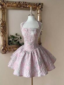 Vestido elegante, romántico y de moda de tela jacquard burdeos con escote halter, espalda descubierta y manga larga en corte evasé, adecuado para ceremonia de graduación, apertura de escuela, festival de música, fiesta de cumpleaños, boda, té de la tarde, baile de graduación - Lila Púrpura - Ver 6
