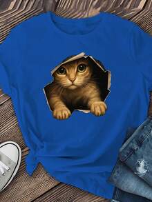 Camiseta de manga corta para mujer 'Kitten in a Hole' de tela gruesa, ropa de mujer, camiseta casual de manga corta para primavera/verano, camiseta casual de manga corta, idea de regalo. - Azul - Ver 3