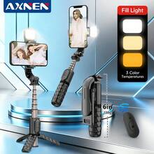 AXNEN 27.7英寸可伸缩迷你自拍杆三脚架，带无线遥控器、LED补光灯，稳定旅行三脚架，适用于自拍、视频拍摄，兼容iOS和安卓智能手机（黑色迷你版） - 黑色 - 查看 2