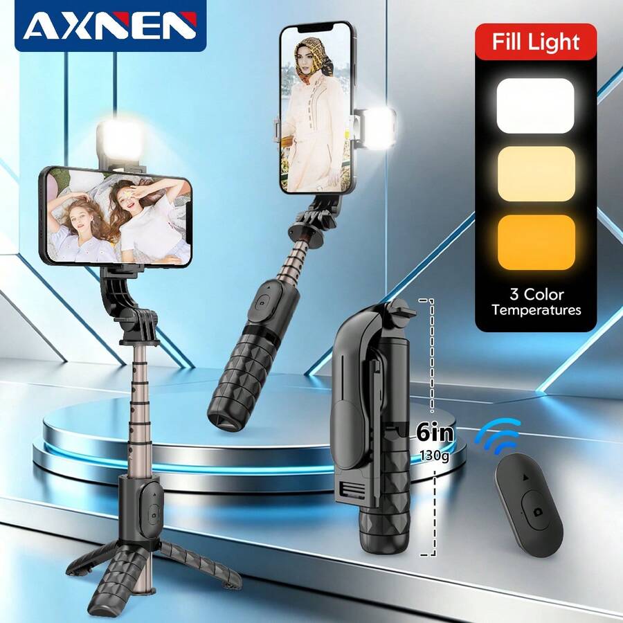 AXNEN 27.7英寸可伸缩迷你自拍杆三脚架，带无线遥控器、LED补光灯，稳定旅行三脚架，适用于自拍、视频拍摄，兼容iOS和安卓智能手机（黑色迷你版）