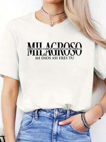 Camiseta Vintage con Estampado de Letras Españolas para Primavera y Verano, Camiseta Deportiva de Manga Corta con Cuello Redondo para Mujer, Top de Moda - Blanco - Ver 7