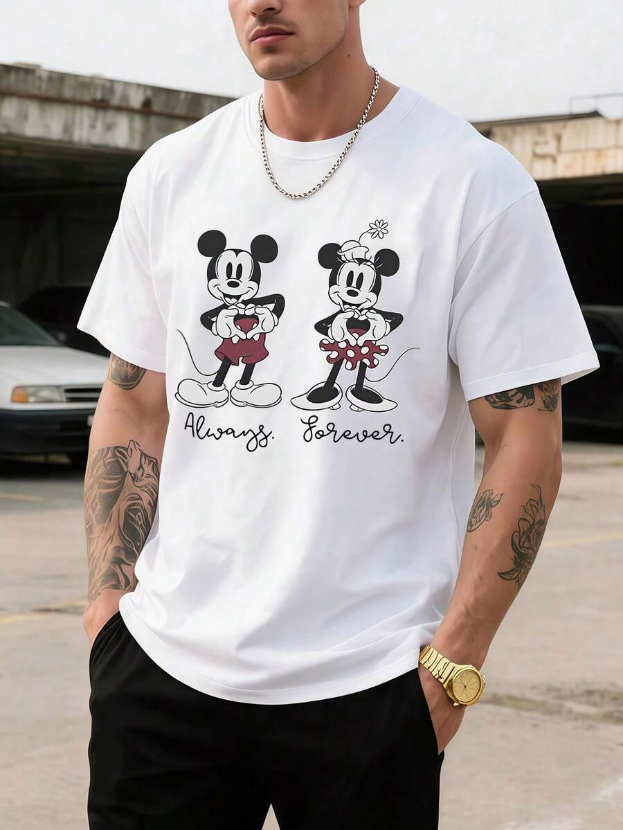 Unisex Disney Mickey & Minnie Love Tee, Cute Print, Casual Fit, Perfect For Couples. - 白色 - 查看 1