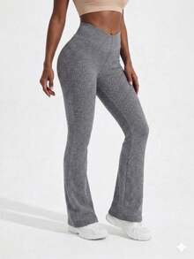 Leggings de ioga femininas de cor sólida, cintura alta e caneladas, modeladoras de bumbum, cintura fina, casuais, justas, respiráveis, ideais para exercícios, ioga, academia, esportes, passeios e férias. - Cinza - Ver 5