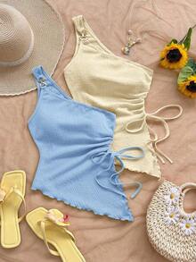 WYWH Blusa sin mangas de unicolor con bajo asimétrico, para verano - Azul y blanco - Ver 7