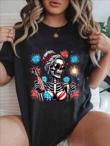 Camiseta Casual de Manga Corta para Mujer Estilo Vintage - Diseño de Mujer Esqueleto con Cerveza y Fuegos Artificiales, Cuello Redondo, Top de Verano, Lavable a Máquina, Camisetas para Damas, Ropa Casual, Estilo Moderno, Ajuste Cómodo  
 BlackFashion - Negro - Ver 1