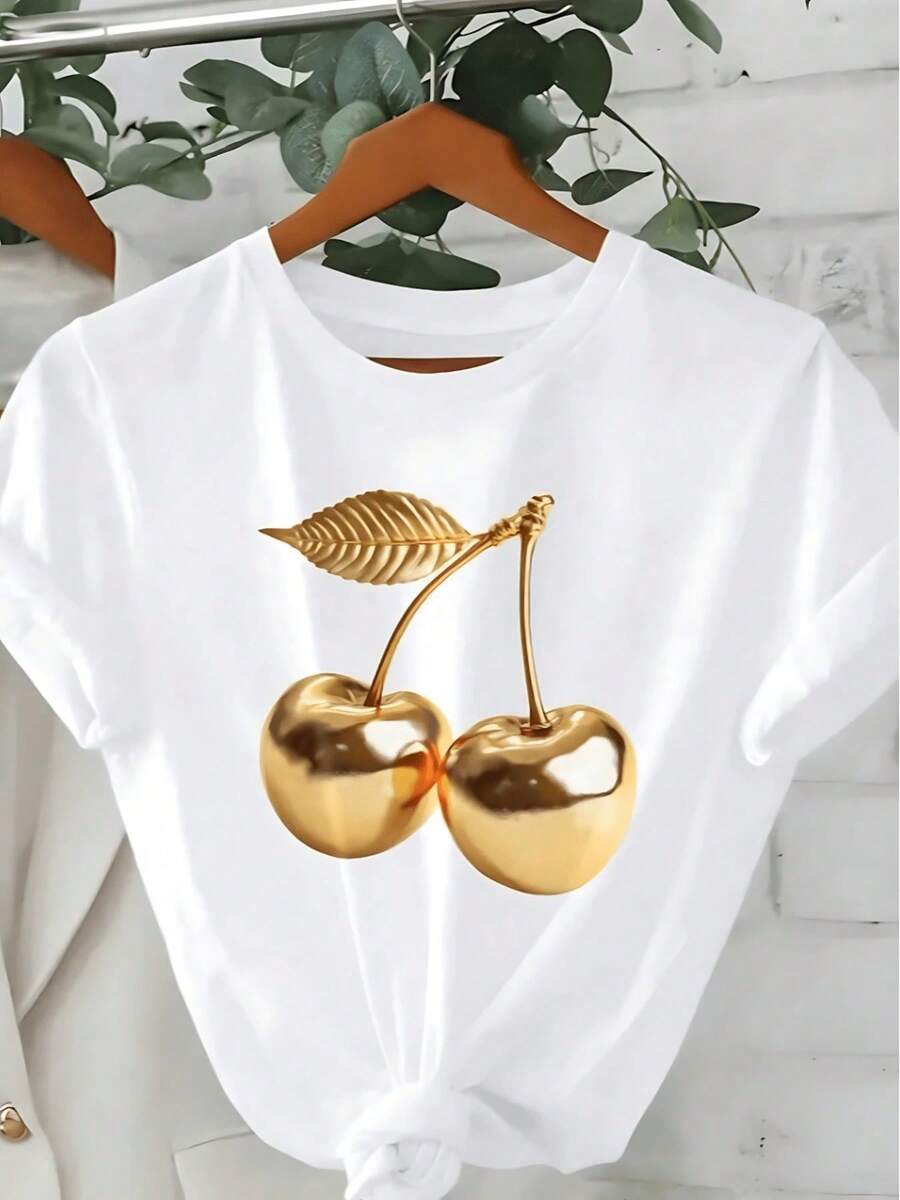Playera de mujer de algodón 100% con estampado moderno de cerezas doradas, cuello redondo, manga corta, estilo casual, ligera y transpirable para verano elegante - Blanco - Ver 1