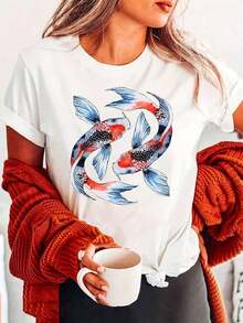 Plus Size Women's Solid Color Round Neck Polyester Short Sleeve T-Shirt, Loose Fit, Casual Style - Japanese Style Koi Carp And Cherry Blossom Print T-Shirt - Casual Short Sleeve T-Shirt With Koi Carp And Goldfish Print, Japanese Style Clothing For Spring/Summer, Breathable And Comfortable. - 白色 - 查看 7