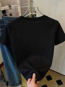 Plus Size Vintage Loose Fit T-Shirt With Embroidered Applique Print - Women's Spring/Summer Fashion, Unique, Sweet And Youthful Design, 3D Print With Pearl And Sequin Bow, Round Neck, Short Sleeve, Casual Loose Fit T-Shirt, Versatile For Everyday Wear, Flat Heat Transfer Printing With 3D Effect And For Dates, Urban Style For Daily Use, Machine Washable, Flat Heat Transfer Printing And Stamping With 3D Effects. - 黑色 - 查看 2