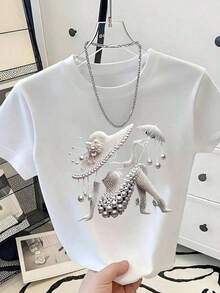 Baby Short-Sleeved T-Shirt With Vintage Faux Pearl Portrait Print, Flat Heat Transfer Printing, Millennial Style, Elegant Women's Fashion T-Shirt With Round Neck, Exquisite And Beautiful Outfit, Soft And Comfortable Top, Versatile Style For All Seasons. Fashion - 白色 - 查看 5
