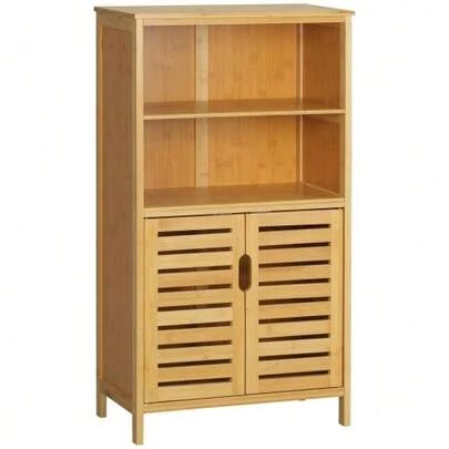 Bamboo Bathroom Cabinet, Low Cabinet With Slatted Doors, Rustic Style Anti-Tip Device, Versatile Multi-Purpose Furniture.