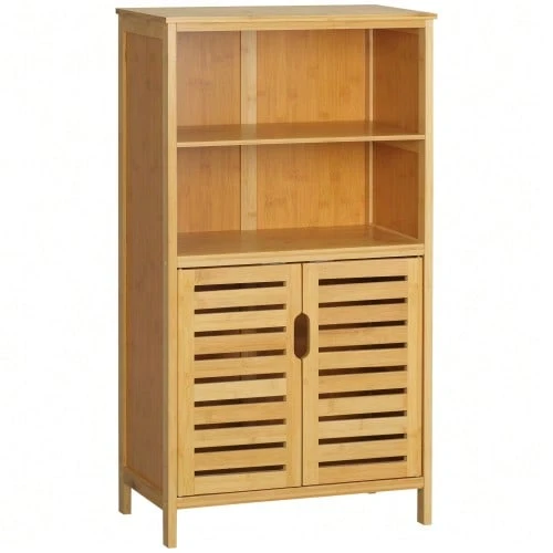 Bamboo Bathroom Cabinet, Low Cabinet With Slatted Doors, Rustic Style Anti-Tip Device, Versatile Multi-Purpose Furniture. - 自然色 - 查看 1
