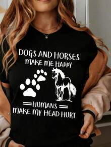 ropa de mujer  Los Perros y Caballos Me Hacen Feliz Los Humanos Me Duelen la Cabeza Camiseta Para Amantes de los Animales Con Estampado de Pata y Diseño de Caballo Regalo Perfecto Para Entusiastas de Perros y Caballos Ropa Casual Para Mujeres y Hombres  camisas de mujer - Negro - Ver 6