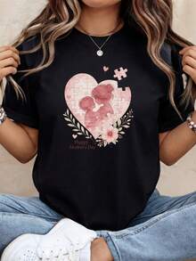 Camiseta con diseño de corazón y rompecabezas para madre e hijo. Regalo ideal para el Día de la Madre. Camiseta unisex de algodón puro de 220 g. Peso ideal para todas las estaciones, apta tanto para hombres como para mujeres. Tejido duradero de alta calidad, suave al tacto y de larga duración. Parte superior transpirable. Adecuada para mujeres en primavera y verano, vacaciones, Día de la Madre y Día de la Independencia. - Negro - Ver 1