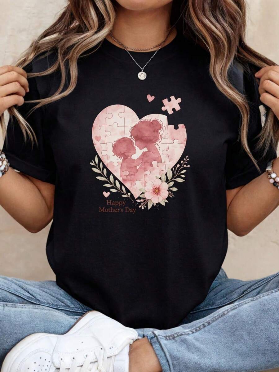 Camiseta con diseño de corazón y rompecabezas para madre e hijo. Regalo ideal para el Día de la Madre. Camiseta unisex de algodón puro de 220 g. Peso ideal para todas las estaciones, apta tanto para hombres como para mujeres. Tejido duradero de alta calidad, suave al tacto y de larga duración. Parte superior transpirable. Adecuada para mujeres en primavera y verano, vacaciones, Día de la Madre y Día de la Independencia. - Negro - Ver 1