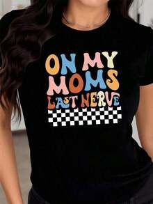 short-sleeveBlusas para mujer Texto colorido que expresa con humor el límite de la paciencia hacia la madre con letras grandes tipo retro sobre fondo con patrón de cuadros camiseta de mujer 100% algodón cómoda y divertida para uso diarioCuello Redondo gym y2k Cuello Redondo Algodón 100% Tejido Suave Manga Corta100% Cotton - Negro - Ver 7