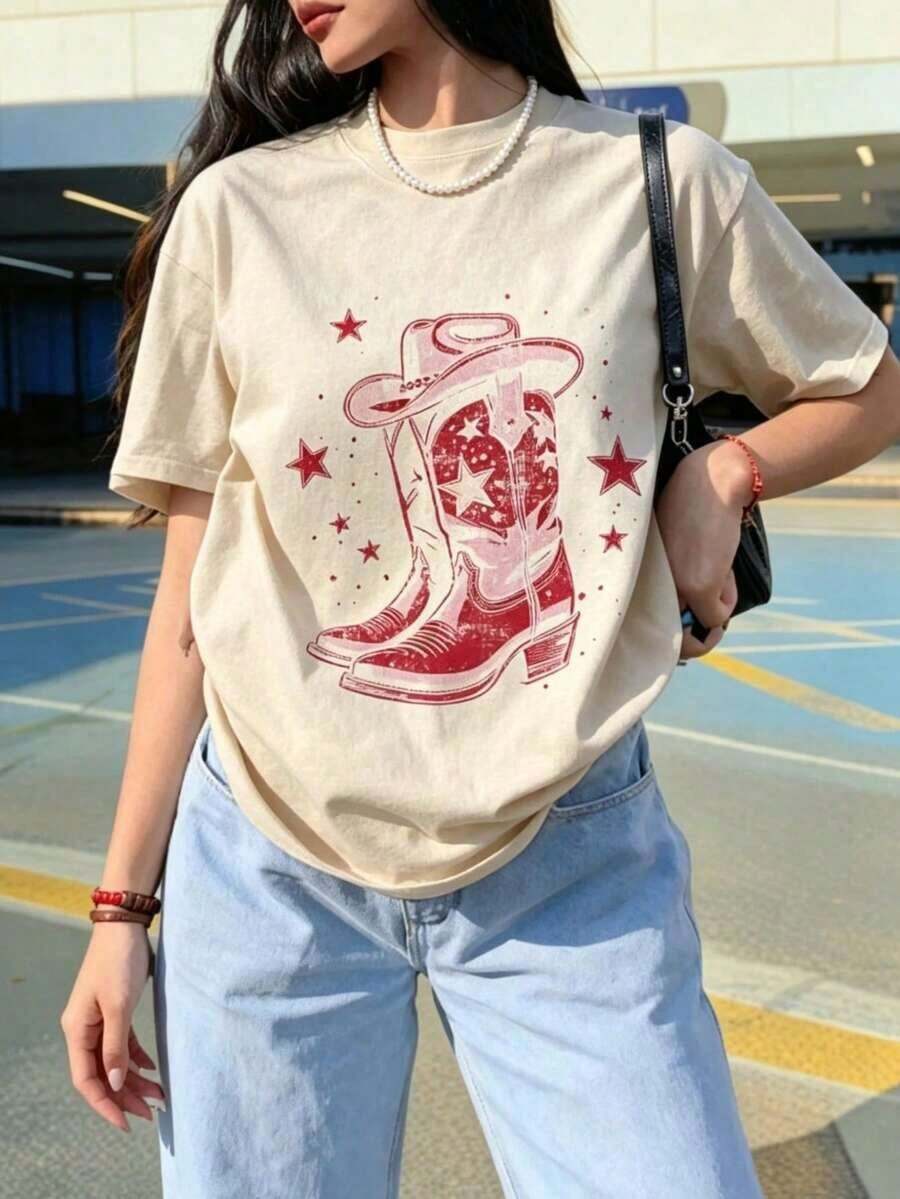 Women's Fashionable Pink Cowboy Boots Short-Sleeve Oversized Printed T-Shirt Round Neck 100% Cotton Soft Fabric Short Sleeve Breathable And Cool 100% Cotton - 杏 - 查看 1