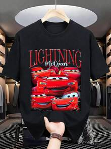 Unisex Disney Cars Lightning McQueen Tee, Racing Print, Casual Fit, Bold Streetwear Style. - 黑色 - 查看 3