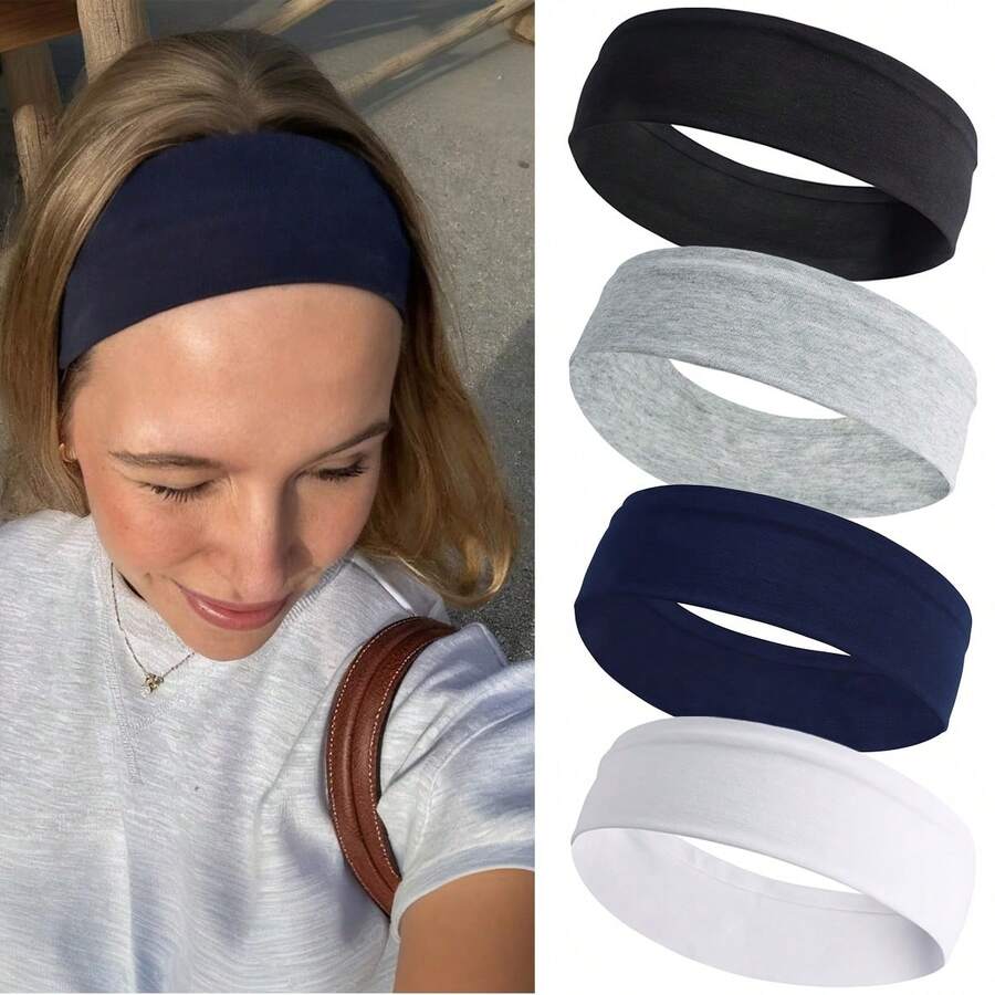 4 paquetes de diademas para correr de mujer, diademas de unicolor, absorbentes de sudor y antideslizantes para deportes - Multicolor - Ver 1