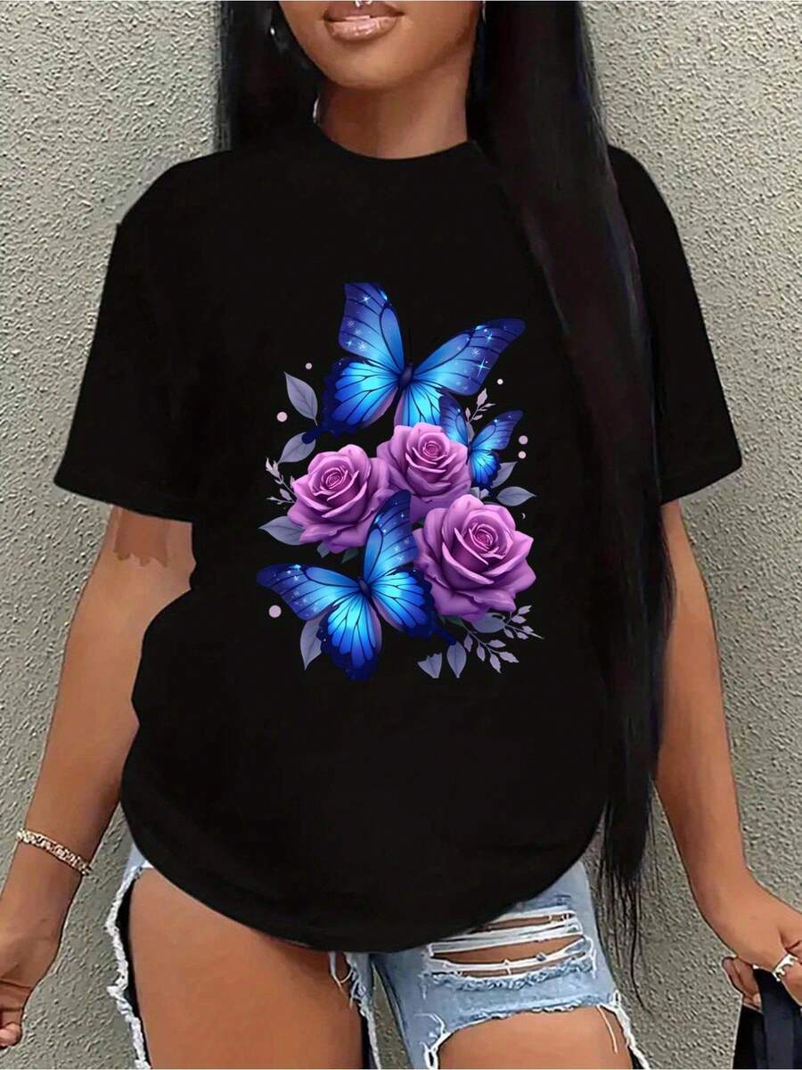 Camiseta negra elegante de tela gruesa con un diseño de mariposa y rosa en azul brillante y morado. | Camiseta casual de verano de manga corta y cuello redondo, camisa con diseño de mariposa. Idea de regalo. - Negro - Ver 1