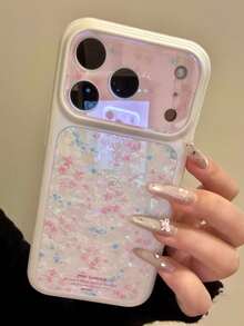 美學粉色花卉貝殼圖案手機殼，適用於 iPhone 17 Pro Max、17 Pro、17、16 Pro Max、16 Pro、16、15、14 Pro Max，可愛花朵防震後蓋 - 粉紅藍碎花 - 查看 5