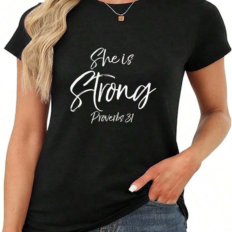 Playera de mujer 100% algodón manga corta holgada frase religiosa verano - Negro - Ver 1